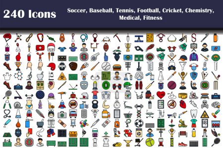 240 Ikonen des Fußballs, Baseball, Tennis, Fußball, Cricket, Chemie, Medizin, Fitness. Editierbare kühne Umrisse mit Farbfülldesign. Vektorillustration.