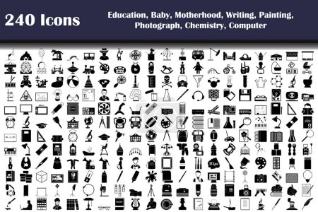 240 Bildungsikonen, Baby, Mutterschaft, Schreiben, Malerei, Fotografie, Chemie, Computer. Voll editierbare Vektorabbildung. Text erweitert.