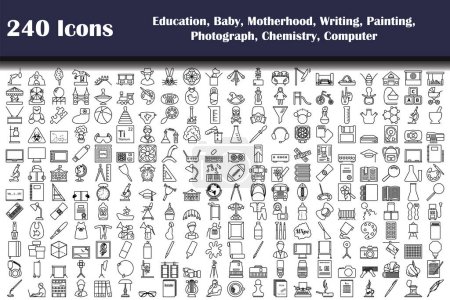 240 Iconos de Educación, Bebé, Maternidad, Escritura, Pintura, Fotografía, Química, Ordenador. Diseño de contorno audaz con ancho de carrera editable. Ilustración vectorial.