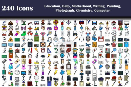 240 Iconos de Educación, Bebé, Maternidad, Escritura, Pintura, Fotografía, Química, Ordenador. Esquema audaz editable con diseño de relleno de color. Ilustración vectorial.