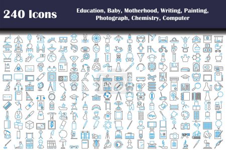 Illustration for 240 Icons Of Education, Baby, Motherhood, Writing, Painting, Photograph, Chemistry, Computer. Editable Bold Outline With Color Fill Design. Vector Illustration. - Royalty Free Image