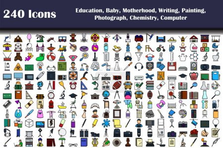 240 Bildungsikonen, Baby, Mutterschaft, Schreiben, Malerei, Fotografie, Chemie, Computer. Editierbare kühne Umrisse mit Farbfülldesign. Vektorillustration.