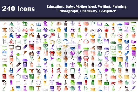 240 Bildungsikonen, Baby, Mutterschaft, Schreiben, Malerei, Fotografie, Chemie, Computer. Flache Farbe Leiterdesign. Vektorillustration.