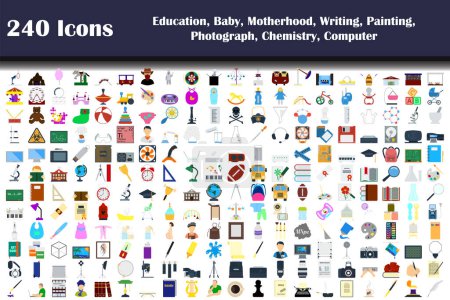240 Iconos de Educación, Bebé, Maternidad, Escritura, Pintura, Fotografía, Química, Ordenador. Diseño plano. Ilustración vectorial totalmente editable. Texto ampliado.