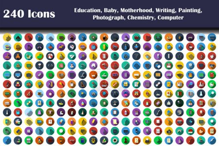 240 Iconos de Educación, Bebé, Maternidad, Escritura, Pintura, Fotografía, Química, Ordenador. Diseño plano con sombra larga. Ilustración vectorial.
