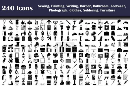 240 Icons Of Sewing, Painting, Writing, Barber, Bathroom, Footwear, Photograph, Clothes, Soldering, Furniture. Fully editable vector illustration. Text expanded.