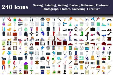 240 Icons Of Sewing, Painting, Writing, Barber, Bathroom, Footwear, Photograph, Clothes, Soldering, Furniture. Flat Design. Fully editable vector illustration. Text expanded.