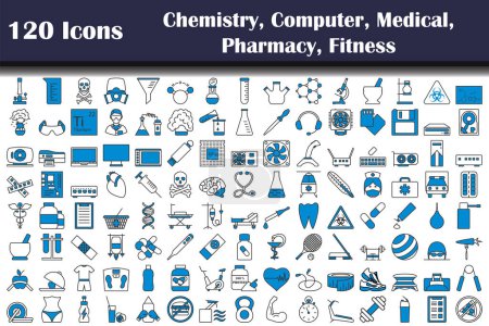120 Symbole der Chemie, Computer, Medizin, Apotheke, Fitness. Editierbare kühne Umrisse mit Farbfülldesign. Vektorillustration.