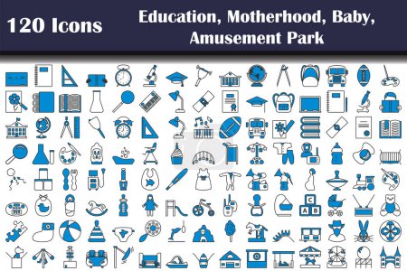 120 Iconos de Educación, Maternidad, Bebé, Parque de Atracciones. Esquema audaz editable con diseño de relleno de color. Ilustración vectorial.