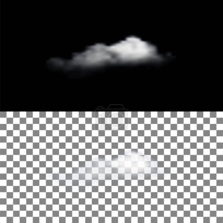 Nube realista con transparencia sobre fondo negro y cuadrícula. Ilustración vectorial.