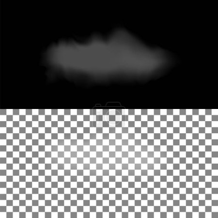 Nube realista con transparencia sobre fondo negro y cuadrícula. Ilustración vectorial.