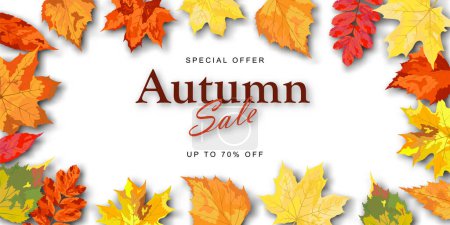 Plantilla de banner de venta de otoño decorar con hojas de arce en tono de color cálido para la venta de compras o cartel de promoción y banner web. Ilustración vectorial.