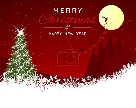 Illustration for Christmas banner with fir tree, santa, reindeer, forest and night sky. Christmas landscape on a red background. Festive design for the winter holidays, events, discounts, and sales. Vector illustration. - Royalty Free Image