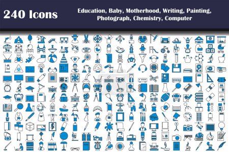 240 Iconos de Educación, Bebé, Maternidad, Escritura, Pintura, Fotografía, Química, Ordenador. Esquema audaz editable con diseño de relleno de color. Ilustración vectorial.
