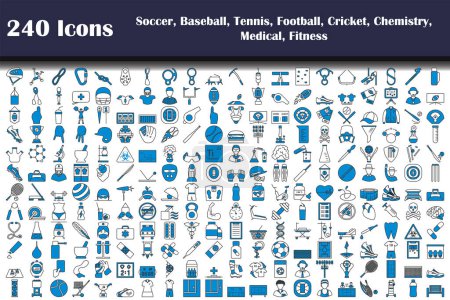 Illustration for 240 Icons Of Soccer, Baseball, Tennis, Football, Cricket, Chemistry, Medical, Fitness. Editable Bold Outline With Color Fill Design. Vector Illustration. - Royalty Free Image