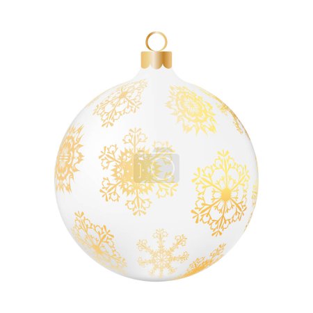 Weihnachtsdekoration weiße Glaskugel mit goldenen Schneeflocken verziert. Festliches Gestaltungselement für die Winterferien, Veranstaltungen, Rabatte und Verkäufe. Vektorillustration.