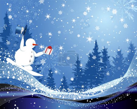 Téléchargez les illustrations : Bannière de Noël avec bonhomme de neige sur un snowboard. Paysage de Noël avec forêt de sapins sur fond bleu ciel nocturne. Design festif pour les vacances d'hiver, les événements, les ventes. Illustration vectorielle. - en licence libre de droit