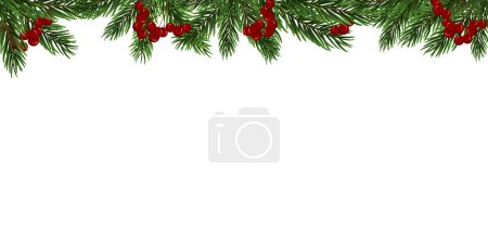 Tannenzweiggrenze. Weihnachtsbaumzweig mit Stechpalmen auf weißem Hintergrund. Festliches Design für die Winterferien, Veranstaltungen, Rabatte und Verkäufe. Vektorillustration.