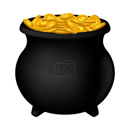 Illustration for Leprechaun pot with gold coins. Cartoon element of Irish beer festival St Patrick's day. Vector Illustration. - Royalty Free Image