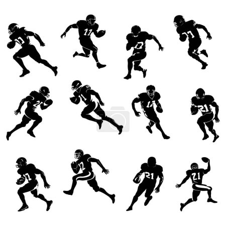 Illustration for American football player silhouette Set. Running isolated athlete. Running rugby man, team sport. Very detailed and smooth lines. Vector illustration. - Royalty Free Image