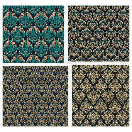 Damask seamless baroque ornament set. Ornate pattern element for design in Victorian style. It can be used for decorating of wedding invitations, greeting cards, decoration for bags and clothes