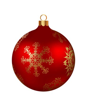 Weihnachtsdekoration rote Glaskugel mit goldenen Schneeflocken verziert. Festliches Gestaltungselement für die Winterferien, Veranstaltungen, Rabatte und Verkäufe. Vektorillustration.
