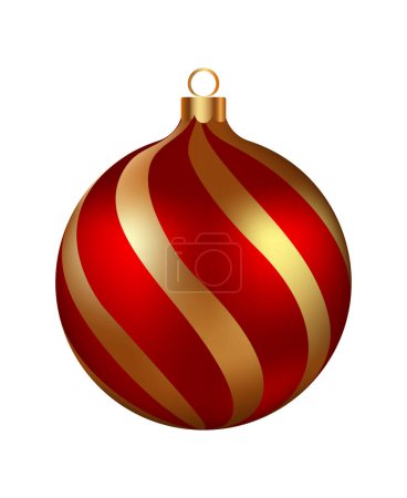 Christmas decoration red glass ball with golden snowflakes ornate. Festive design element for the winter holidays, events, discounts, and sales. Vector illustration.