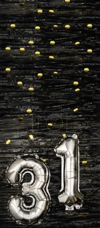 Photo for Silver foil balloon number 31 on a background of black tinsel with gold confetti. Birthday card, inscription thirty-first. Anniversary event. Vertical banner. copy space. - Royalty Free Image