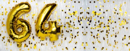 Golden foil balloon number, figure sixty-four on white with confetti background. 64th birthday card. Anniversary concept. birthday, new year celebration. banner, copy space.
