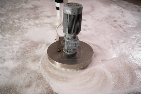 Cleaning service concept. carpet chemical foaming and cleaning with disk machine. Copy space