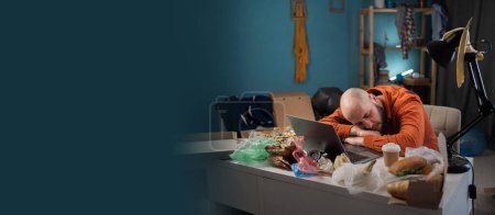 Photo for Tired man sleeping on table in Messy, cluttered room with piles of clothes and garbage. Banner. Copy space - Royalty Free Image