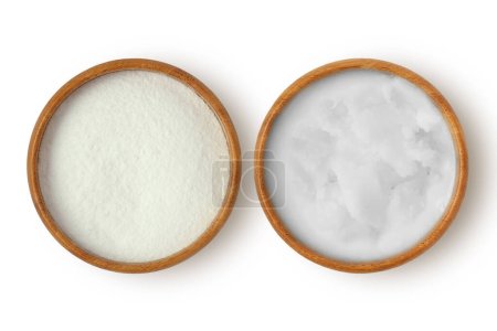 Photo for Baking soda and coconut oil in wooden bowls on white background - Homemade face mask - Royalty Free Image