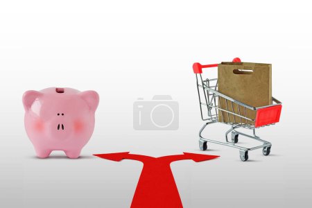 Two way arrows with piggy bank and shopping cart - Concept of choice between savings and shopping