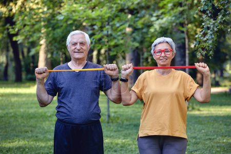 Photo for Senior 60 spouses wear sportswear doing hands exercises, training arms outdoor in summer park in the morning using resistance rubber bands. Healthy lifestyle, active retired life use modern appliance - Royalty Free Image