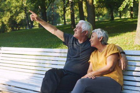 Téléchargez les photos : Positif multi racial vieux couple des années 60 reposant assis sur le banc dans le parc après la promenade, mari montrant le doigt pointant vers le haut parler à la femme souriante détente en plein air. Break, concept de communication - en image libre de droit