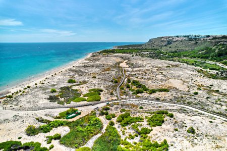 Photo for Drone point of view of sandy beach of Gran Alacant view from above. Travel and tourism concept. Costa Blanca, Spain - Royalty Free Image
