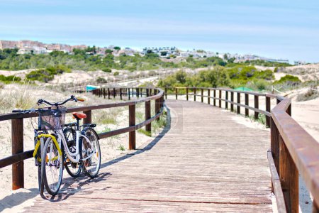 Foto de Dos bicicletas en la tabla vacía de madera caminan a través de dunas de arena hasta el mar Mediterráneo y la playa de arena, sin personas. Costa Blanca, Europa, España. Espana. Concepto de viajes y turismo - Imagen libre de derechos