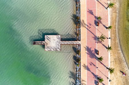 Photo for Aerial, drone point of view palm tree lined promenade San Pedro del Pinatar, touristic heart of Costa Calida. This small seaside town famous for its therapeutic mud baths, salt flats. Spain. Europe - Royalty Free Image