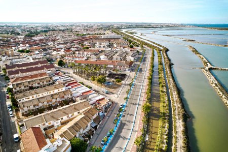 Photo for San Pedro del Pinatar townscape view from above, drone point of view during sunny summer day. This small seaside town is famous for its therapeutic mud baths and salt flats. Spain - Royalty Free Image