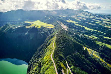 Photo for Aerial shot picturesque paradise of Sete Cidades in Azores, Sao Miguel. Volcanic craters and stunning lakes. Ponta Delgada, Portugal. Natural wonders, landmarks and tourist attractions concep - Royalty Free Image
