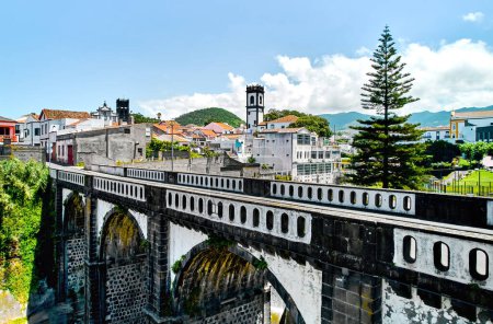 Aerial shot, drone point of view of Ribeira Grande town in the Ponta Delgada island. Sao Miguel, Azores, Portugal. Travel destinations and tourism concept