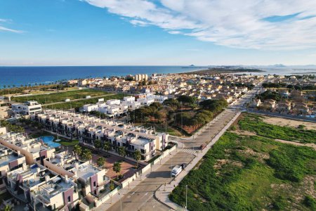 Photo for Torre de la Horadada aerial shot, drone point of view of Mediterranean Seascape and townscape view. Travel destinations and holiday concept. Costa Blanca. Spain - Royalty Free Image