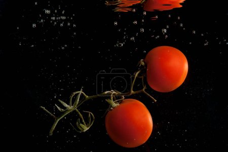 Zwei in Wasser getauchte Tomaten erzeugen einen dynamischen Spritzeffekt mit Blasen und Wellen vor schwarzem Hintergrund.