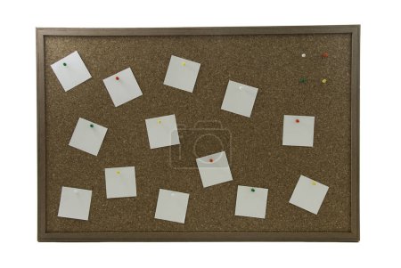 Photo for Simple brown cork board with blank note papers pinned on it on white background. - Royalty Free Image