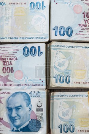 Photo for Square format of turkish 100 lira banknotes, arranged. - Royalty Free Image