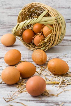 Photo for Fresh brown eggs, some speckled, scattered on a white wooden surface and inside a tipped over woven basket, surrounded by strands of straw. - Royalty Free Image