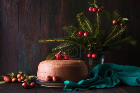 Téléchargez les photos : Gâteau à la crème au chocolat de Noël avec de petites pommes sur un fond sombre - en image libre de droit