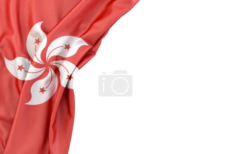 Flagge von Hongkong in der Ecke auf weißem Hintergrund. 3D-Rendering. Isoliert
