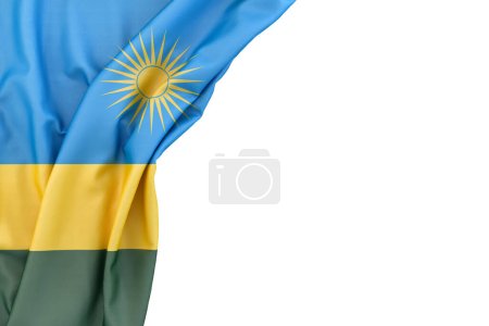 Foto de Bandera de Ruanda en la esquina sobre fondo blanco. Representación 3D. Aislado - Imagen libre de derechos