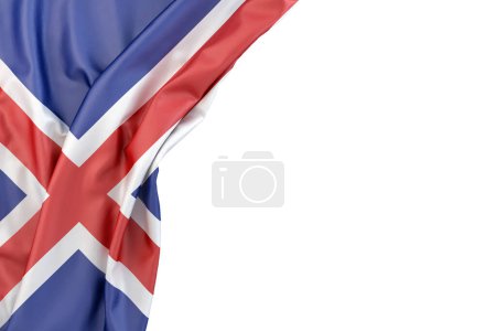 Die isländische Flagge um die Ecke auf weißem Hintergrund. 3D-Rendering. Isoliert